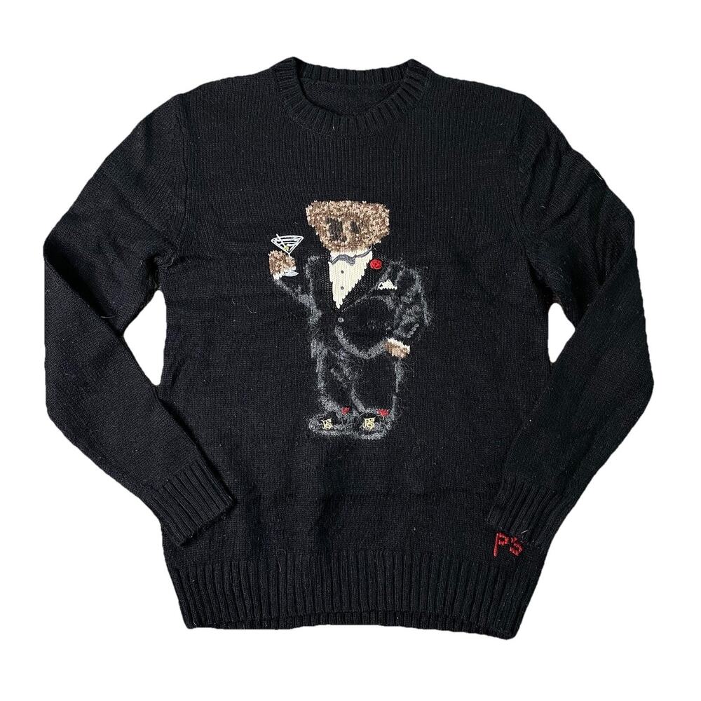 Polo Ralph Lauren Bear Knit Sweater Tuxedo Pattern Martini Embroidery Wool Sm/M